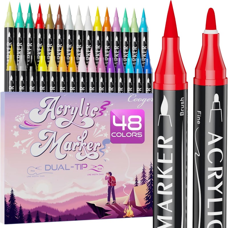 Coogert 48 Colors Dual Tip Acrylic Paint Markers,Fine Tip and Brush Tip Permanent Acrylic Paint Pens For Rock Painting, Canvas, Wood, Glass, Ceramic, Fabric, Plastic, Egg, Scrapbook,Art Painting Supplies Kit - Image 1